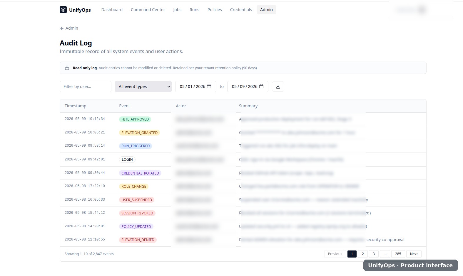 Assurance and evidence — UnifyOps product interface